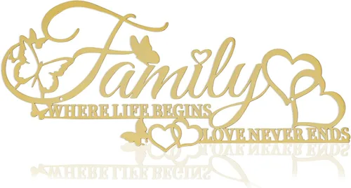 Letrero de metal familiar para pared, con texto en inglés "Where Life Begins Love Never Ends Heart Butterflies", escultura para colgar en la pared,