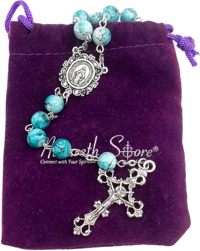 Miniatura 6 de Nazareth Store Rosario de cristal cristalizado turquesa con cuentas de rosario católico con medalla milagrosa y cruz de acero inoxidable Vidrio No