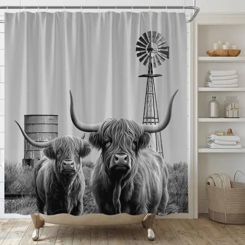 Miniatura 9 de Cortina de ducha con estampado de vaca, piel de vaca negra y blanca, divertida piel de granja de animales de granja, estilo occidental, tela Negro