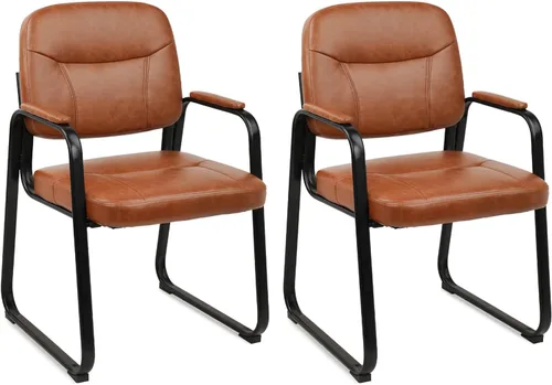 Miniatura 35 de CLATINA Silla de cuero para invitados de oficina, silla de recepción sin ruedas con reposabrazos y soporte de madera, sillón de escritorio