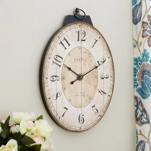 Miniatura 9 de Reloj de pared grande de granja, reloj de pared de madera rústica de 24 pulgadas decorativo con círculo de metal y números grabados, funciona