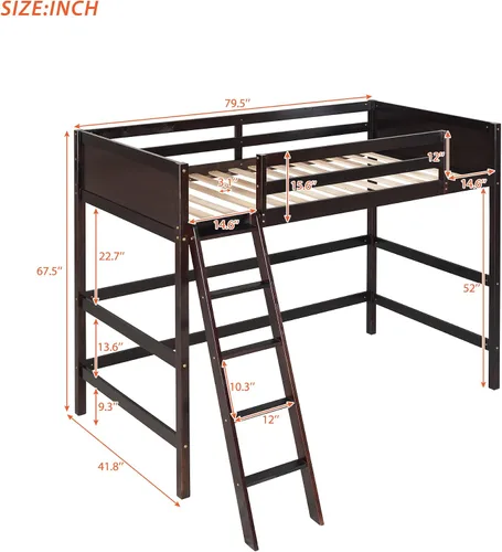 Miniatura 2 de SOFTSEA Cama tipo loft de tamaño individual con escalera, cama alta de madera tamaño individual con barandilla para niños, adolescentes y jóvenes