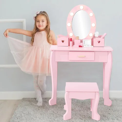 GarveeHome Juego de tocador para niños con espejo iluminado, mesa de tocador y silla para niños, juego de maquillaje para niñas, rosa