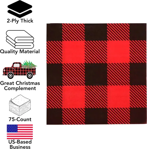 Miniatura 2 de Iconikal Servilletas de papel desechables a cuadros de búfalo para fiestas, tamaño cena, rojo y negro