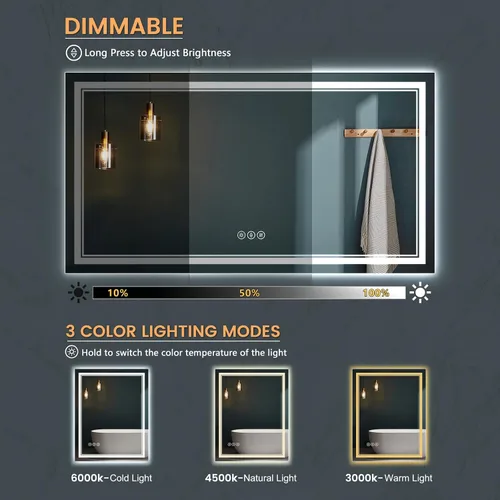Miniatura 4 de Espejo de baño LED sin marco de 24 x 32 pulgadas, frontal y retroiluminado, vidrio templado inastillable, antivaho, 3 colores, regulable, memoria