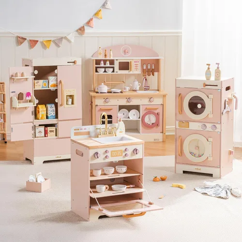 Miniatura 11 de ROBUD Juego de cocina de madera, juego de cocina de juguete para niños con diseño realista, utensilios, máquina de hielo, nevera, horno, lavadora
