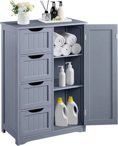 Miniatura 18 de Yaheetech Armario organizador de madera para el suelo del baño/lateral con 4 cajones y 1 armario, unidad de almacenamiento de entrada independiente