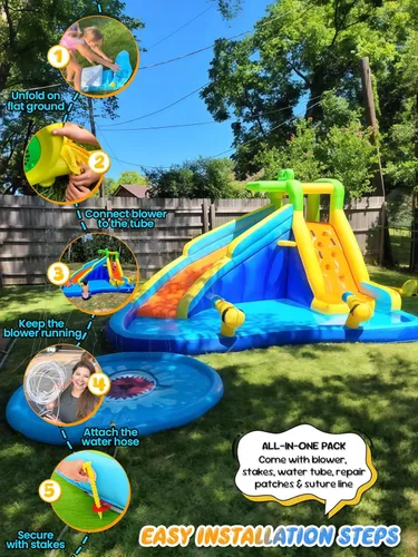 Miniatura 3 de ROOJER Tobogán acuático inflable de cocodrilo para patio trasero de niños, 8 en 1, casa de rebote húmeda y seca, parque acuático con soplador
