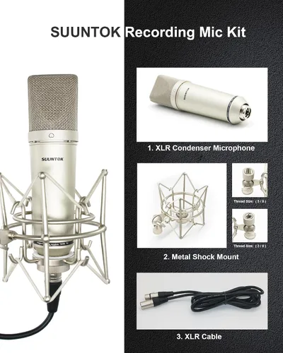 Miniatura 6 de SUUNTOK Micrófono XLR, Micrófono de condensador profesional con diafragma grande de 34mm, Micrófono de estudio cardioide para grabación TM87KB Kit