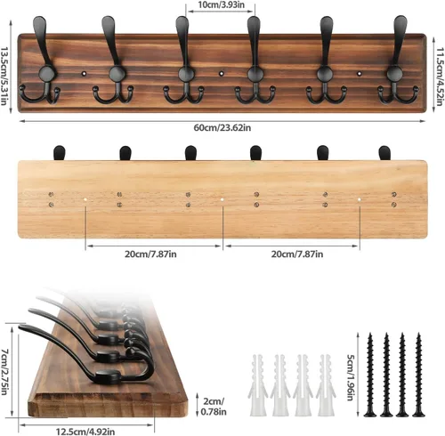 Miniatura 2 de Perchero de Pared de Montaje en Pared, Perchero de Pared de Madera Resistente para Pared, 6 Ganchos Triples para Colgar Abrigos, Chaqueta, Sombrero