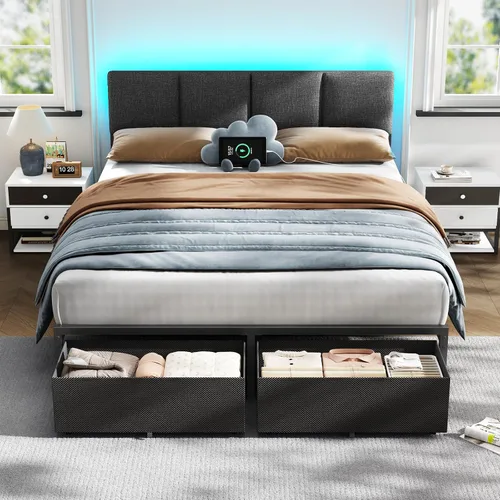 Furnulem Marco de Cama Queen con Cabecera Ajustable, Cama Tapizada con 2 Cajones de Almacenamiento, Estación de Carga USB Integrada y Luces LED, Gris