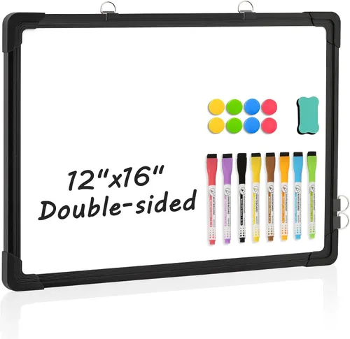 Pizarra blanca de doble cara, 16 x 12 pulgadas, pizarra blanca pequeña para colgar en la pared, pizarra blanca magnética para colgar en seco, para