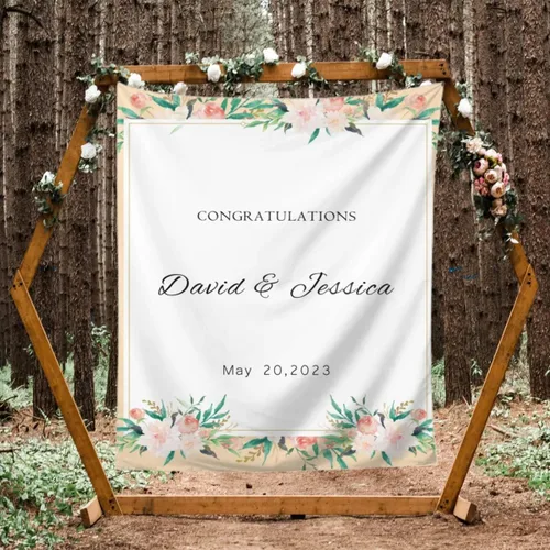 Miniatura 8 de Telón de fondo de boda personalizado, tapiz de felicitaciones de flores coloridas personalizado con nombres y fecha, pancarta de boda personalizada
