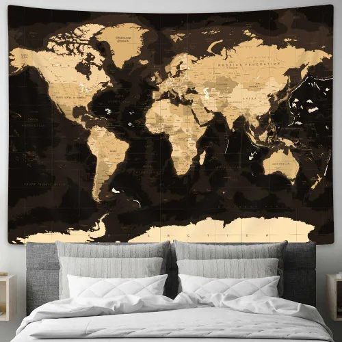 Drgilau Tapiz de mapa del viejo mundo – Arte de pared educativo negro vintage Asia Europa, América del Sur, África, ciudad de África, decoración
