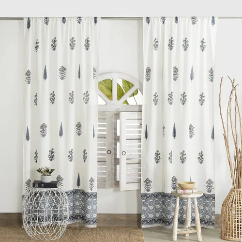 Madhu International Cortinas bohemias – Juego de 2 paneles de algodón estampado floral para sala de estar, tapiz con bolsillo para barra, cortina de