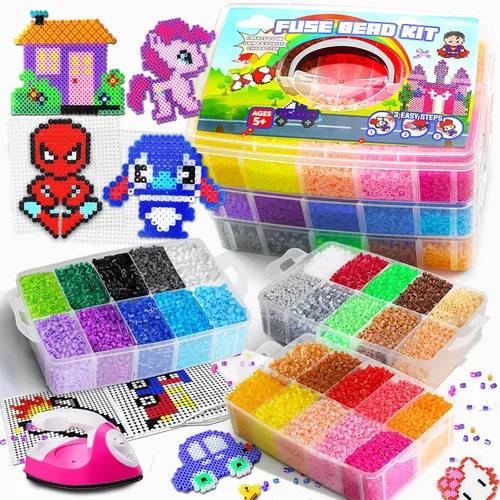 Miniatura 7 de FUNZBO Kit de 5200 cuentas que se funden de 5mm con mini plancha - 24 colores 111 patrones, artes y manualidades navideñas para niñas y niños