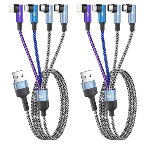 Miniatura 13 de Cargador de teléfono de 90 grados, cable de carga múltiple 4 en 2, cable USB C CarPlay con doble tipo C, micro USB, puerto IP, cable USBC de nailon