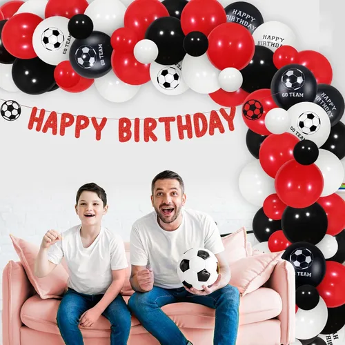 Miniatura 3 de Decoraciones de fiesta de cumpleaños de fútbol, decoración de fiesta temática de fútbol, kit de guirnalda de globos rojos y negros, pancarta