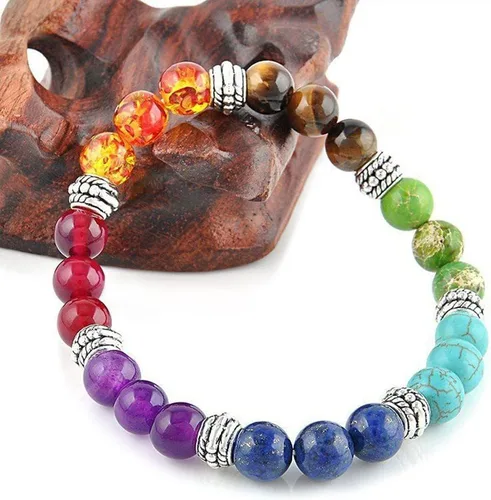 Miniatura 3 de Pulsera de cuentas de siete chakras de moda natural aleación melocotón corazón cadena ágata cristal Strand