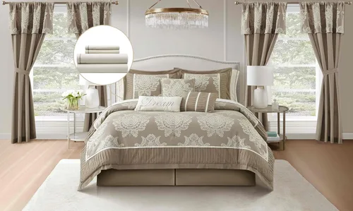 Miniatura 12 de Grand Avenue - Juego de edredón beige tamaño Queen, jacquard con juego de ropa de cama a juego de piezas sólidas, para todas las estaciones, faldón