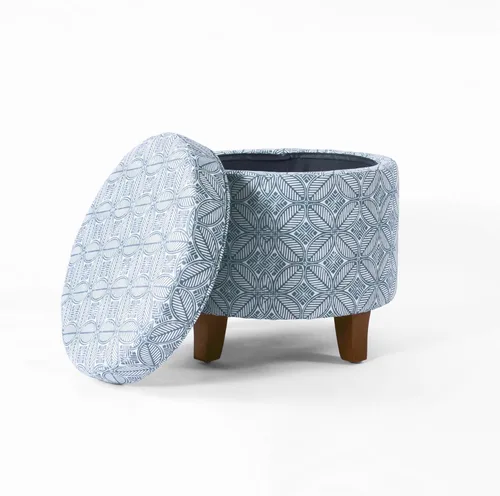 HomePop Otomana tapizada redonda para almacenamiento | Homepop Decoración del hogar | Otomana redonda tapizada para reposapiés - Estampado Azul