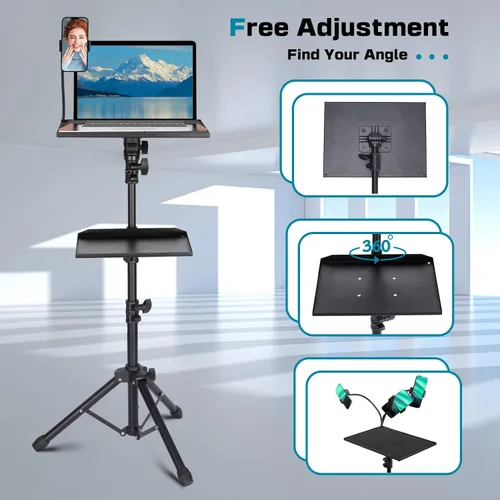 Miniatura 3 de Lusweimi Soporte de trípode para proyector, soporte para laptop de 50 pulgadas con 2 estantes para proyector, iPad, equipo de DJ, soporte de suelo