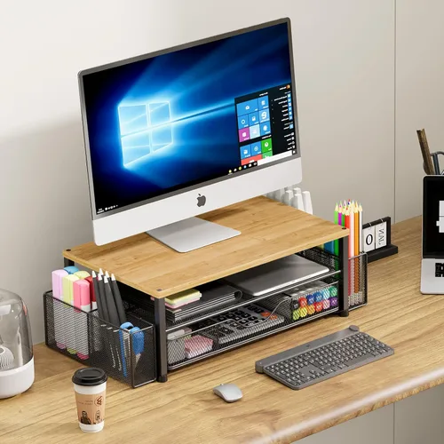 Miniatura 5 de OPNICE - Organizadores y accesorios de escritorio, con soporte de monitor de computadora de 2 niveles, cajón y 2 soportes para bolígrafos, Roble
