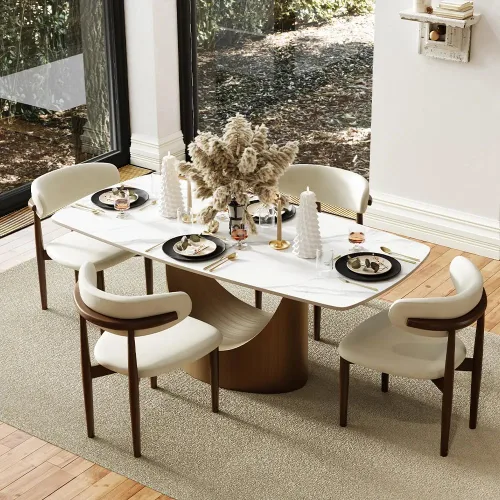 Miniatura 19 de POVISON Juego de mesa de comedor para 4, mesa rectangular negra de piedra sinterizada mate de 63 pulgadas con base de acero al carbono bronce, silla