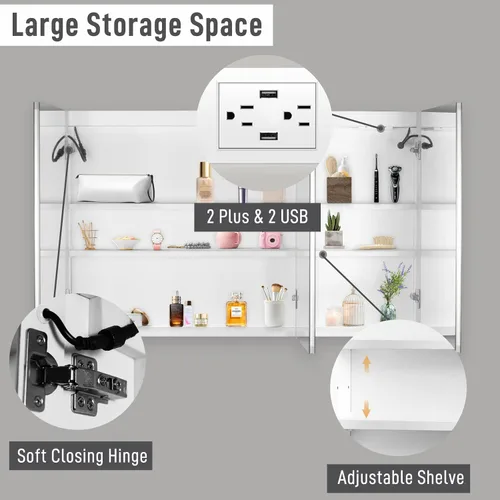 Miniatura 7 de Karl home Botiquín de baño de 3 puertas de 48 x 28 pulgadas con espejo LED, gabinete de baño regulable de 3 colores montado en la pared con estantes