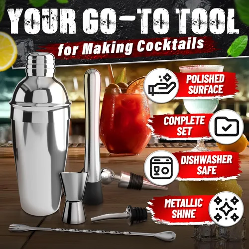 Miniatura 5 de Juego de bar y coctelera (10 piezas) - Kit de barman de mezcla de acero inoxidable con agitador, jigger, colador, mezclador, cuchara, pinzas