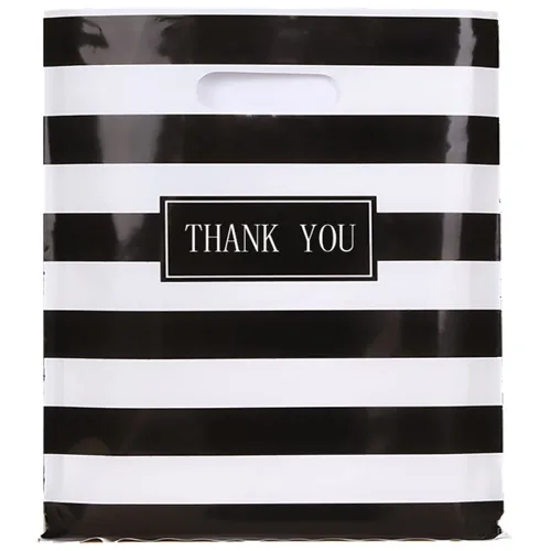 100 bolsas grandes de plástico troqueladas con asa de 16 x 18 pulgadas, diseño de rayas blancas y negras, para compras, boutiques, fiestas,