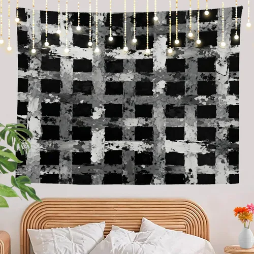 Miniatura 7 de Shrahala Tapiz de pared negro grunge, monocromático para colgar en la pared, tapiz grande decorativo de fibra de poliéster, dobladillo blanco Ethnic