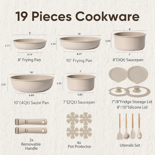 Miniatura 2 de CAROTE Juego de 19 piezas de ollas y sartenes antiadherentes, juego de utensilios de cocina con mango desmontable, juegos de cocina de inducción