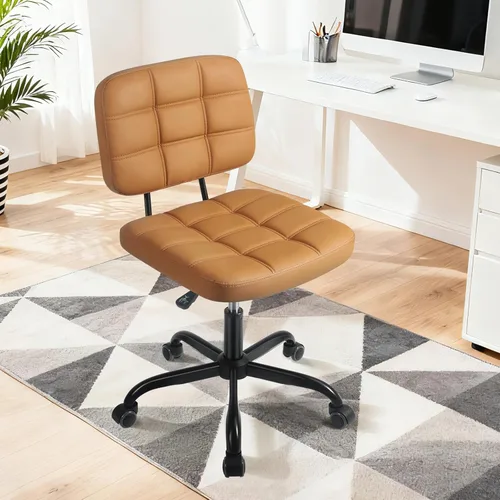 Silla de escritorio de oficina en casa sin brazos – Pequeñas sillas giratorias de escritorio de oficina con ruedas – Silla de computadora de piel