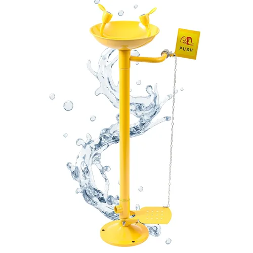 Yaocom Estación de lavado de ojos de pie de emergencia montado en pedestal Estación de lavado de ojos flujo de agua ajustable Operación manos libres