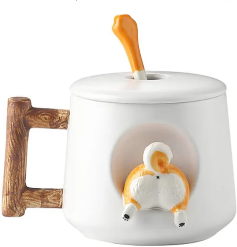 Taza de Pareja de Perros Linda, Taza de Café de Cerámica con Tapa, Patas en la Parte Superior de la Cuchara, Bonito Diseño Tridimensional de Shiba