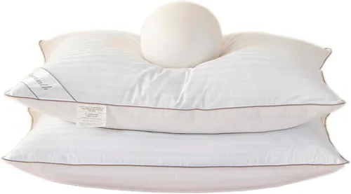 Juego de 2 almohadas de plumas de ganso, 100% algodón, diseño de rayas, blanco, tamaño Queen (paquete de 2)