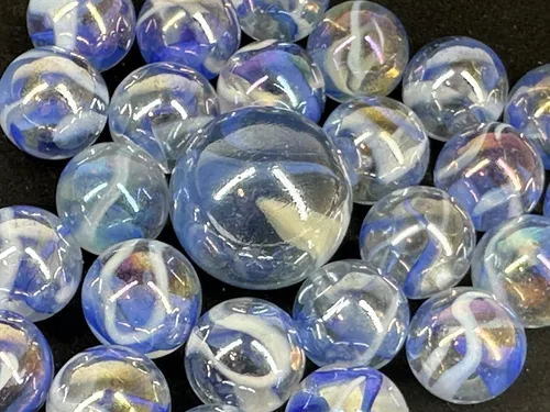 Miniatura 2 de ~25 canicas de cristal Caballito de mar naranja/remolino azul estilo clásico paquete de juego (24 jugadores, 1 tirador) decoración/relleno
