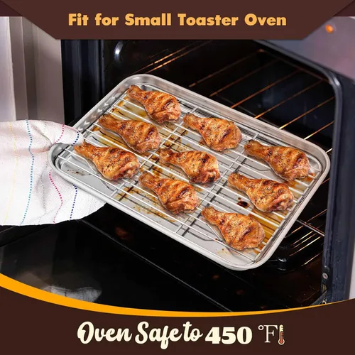 Miniatura 4 de E-far Bandeja pequeña de metal para horno tostador con juego de estante, bandeja para hornear de 9.4 x 7.3 pulgadas con rejilla de enfriamiento