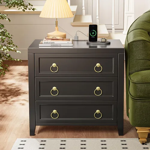 Miniatura 6 de Huuger Mesita de noche de 23.6 pulgadas con estación de carga y puerto USB-C, mesita de noche de 3 cajones, mesita de noche más grande y ancha, mesa