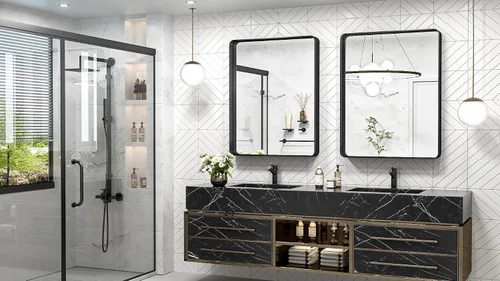 Miniatura 2 de TokeShimi Espejo de baño negro de 30 x 36 pulgadas para pared, espejo de tocador con marco de metal de aleación de aluminio que no se oxida, esquina