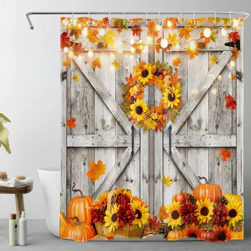 Miniatura 23 de Cortina de ducha con puerta de granero occidental para baño, lavanda púrpura y verde corona de eucalipto en tableros de madera rústica, cortina