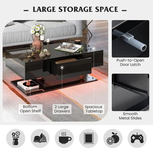 Miniatura 7 de Tangkula Mesa de centro LED con 2 cajones, mesa central moderna de alto brillo, luces LED regulables de 20 colores y control remoto, mesa auxiliar