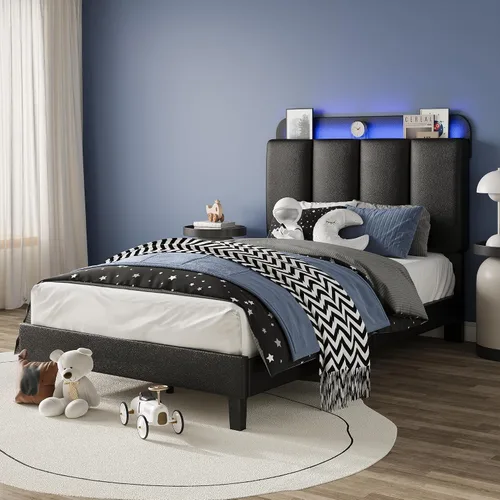Miniatura 3 de BarnFurin Base de cama individual con luces LED, plataforma tapizada con cabecera de almacenamiento, marco de cama individual, sin ruido,