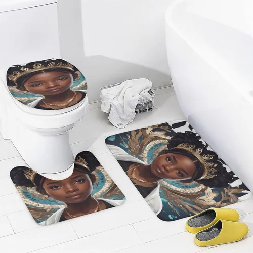 Miniatura 4 de Juego de alfombras de baño de 3 piezas, antideslizantes y suaves, para mujeres afroamericanas, tapete de baño con corona de reina afroamericana
