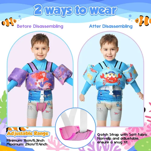 Miniatura 3 de Chaleco de natación para niños pequeños, flotadores para niños de 22 a 66 libras, chaleco de natación extraíble con correa de entrepierna y arnés