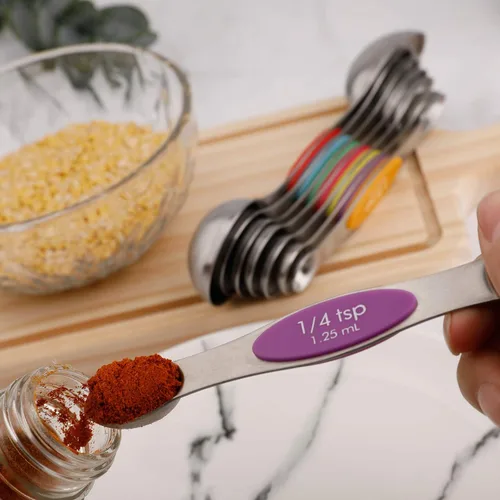 Miniatura 3 de Juego de 6 cucharas medidoras magnéticas de acero inoxidable apilables de doble cara y cucharada para medir ingredientes secos y líquidos