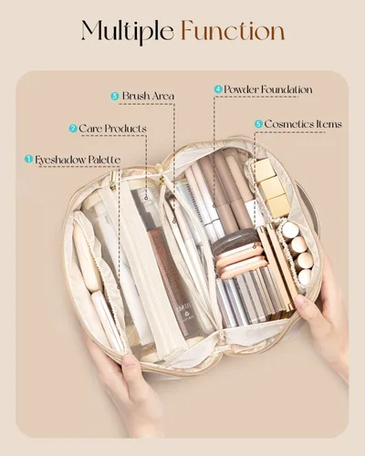 Miniatura 3 de Vlando Bolsa de maquillaje de viaje, neceser para mujer, piel sintética, abierta, plana, bolsa de maquillaje, Clásico elegante