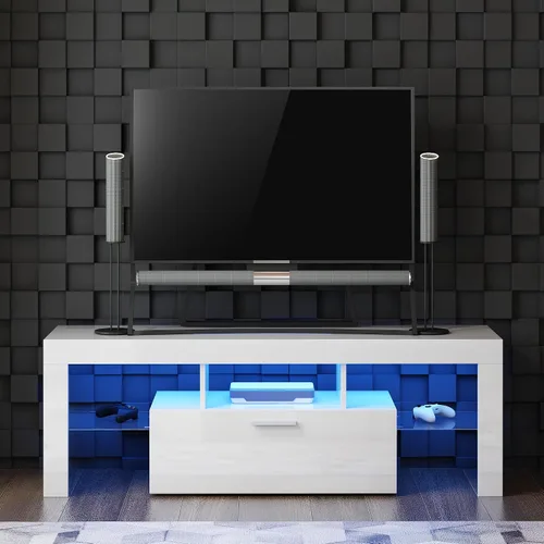 Miniatura 8 de Moderno soporte de TV negro para TV de 32/40/50/55+ pulgadas, consola de TV centro de entretenimiento, soporte de mesa de TV LED con almacenamiento