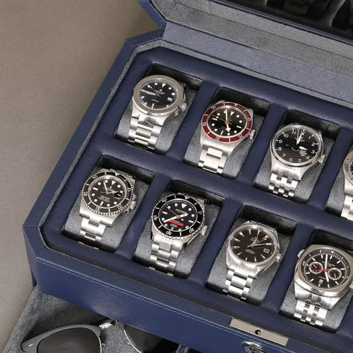 Miniatura 5 de ROTHWELL Caja de reloj de cuero con 12 ranuras con cajón de valet, organizador de exhibición de lujo de 12 ranuras, forro de microgamuza, soporte